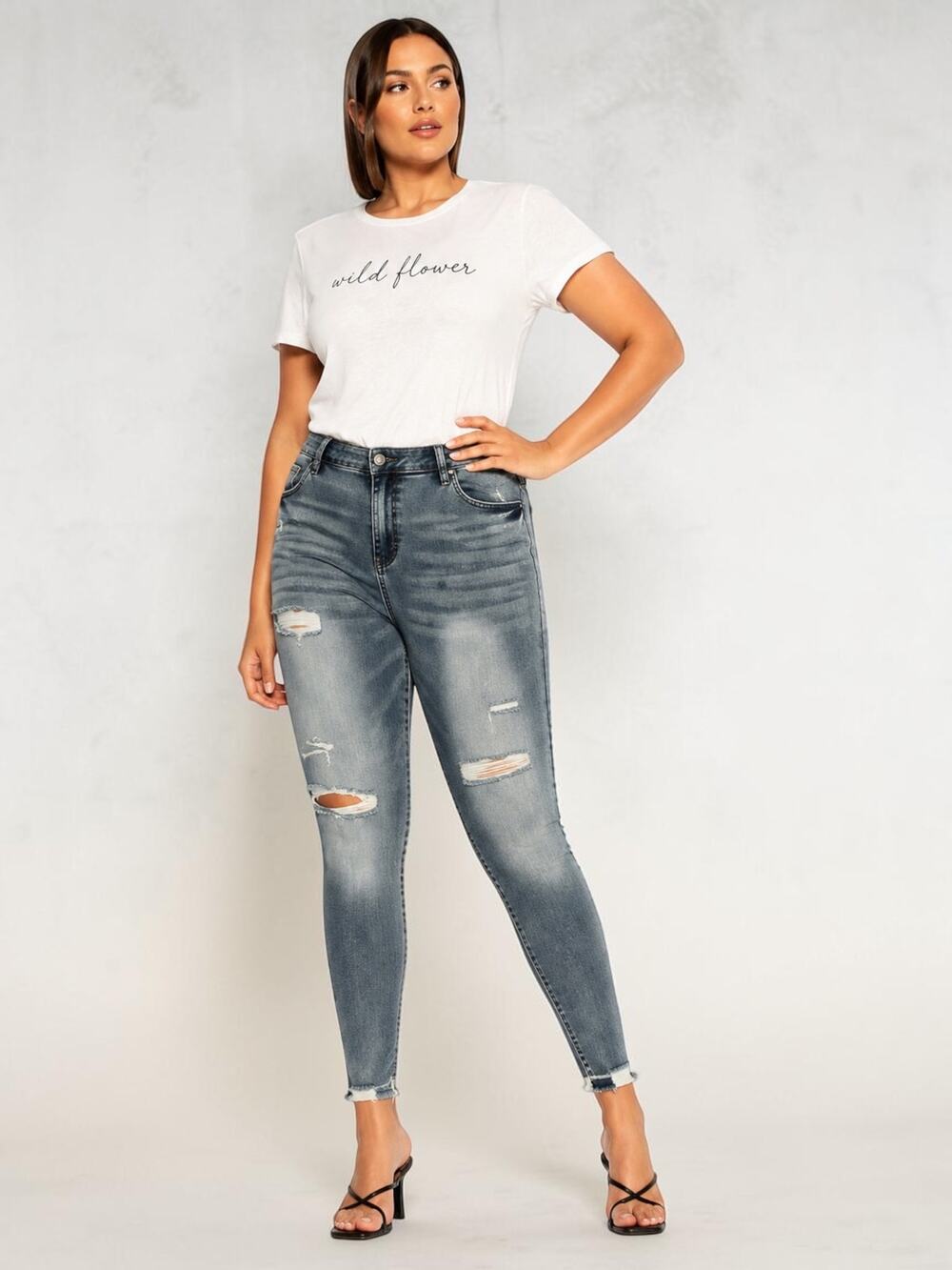 CITY CHIC Asha High Rise Ankle Grazer Skinny Jeans Denim Distressed Frayed 20W